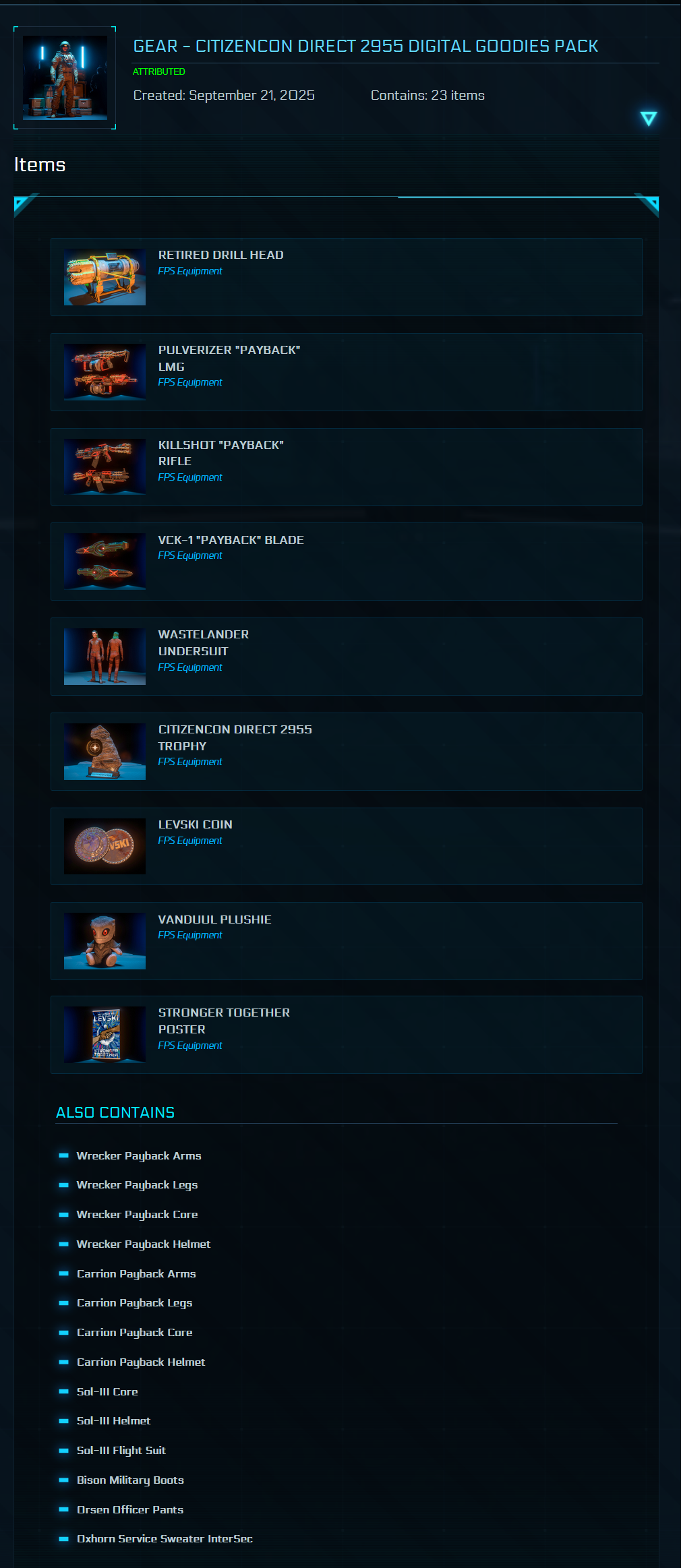 Star Citizen CitizenCon 2955 Digital Goodies Pack full item list screenshot