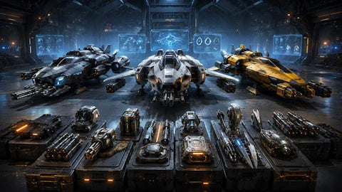 Star Citizen ship gear and weapons collection with modules, blades and weapons kits