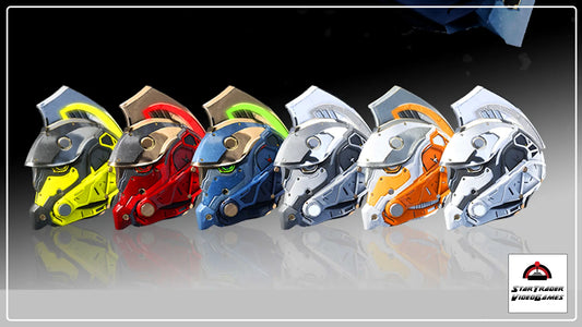 Star Citizen Caudillo Helmets Collection with Cobalt, Ghost White, Wildfire, Steel, Burnt Orange, and Hazard color schemes