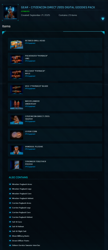 Star Citizen CitizenCon 2955 Digital Goodies Pack full item list screenshot