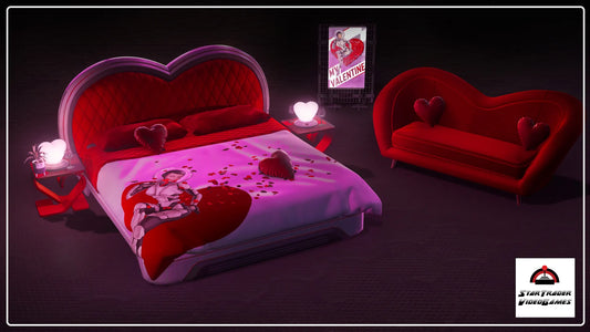 Star Citizen Coramor Decor Collection with plushies, lamps, nightstands, loveseat, bed, planter, and poster