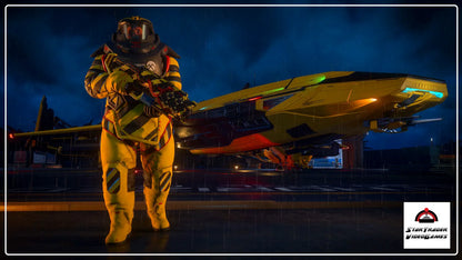 Star Citizen Hazard Patch Bundle with Spirit paint, Prism laser shotgun, Stirling Hazard suit, helmet, and backpack