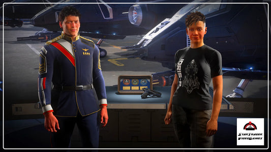 Star Citizen Invictus Launch Week Collection with Idris-P T-Shirt, patch collection, service uniform, and LH86 Voyager pistol