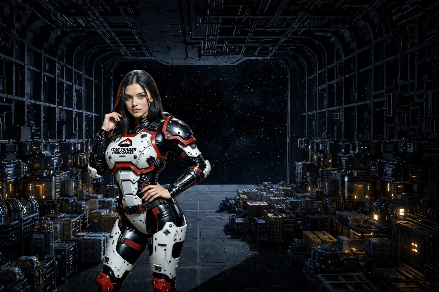 Star Trader Video Games hangar background for Star Citizen store